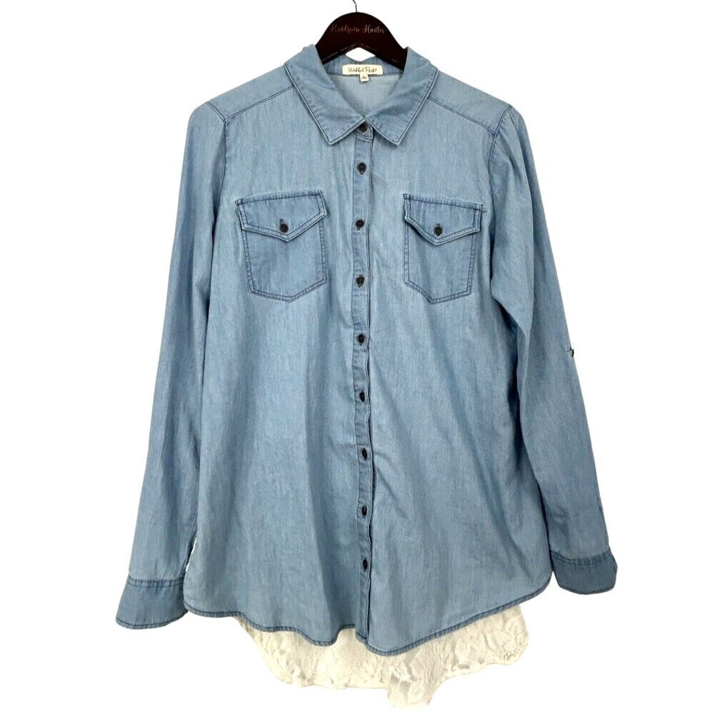 Wishful Park Size L Blue Chambray Button Up Blouse Lace Roll Tab Sleeve Top U3